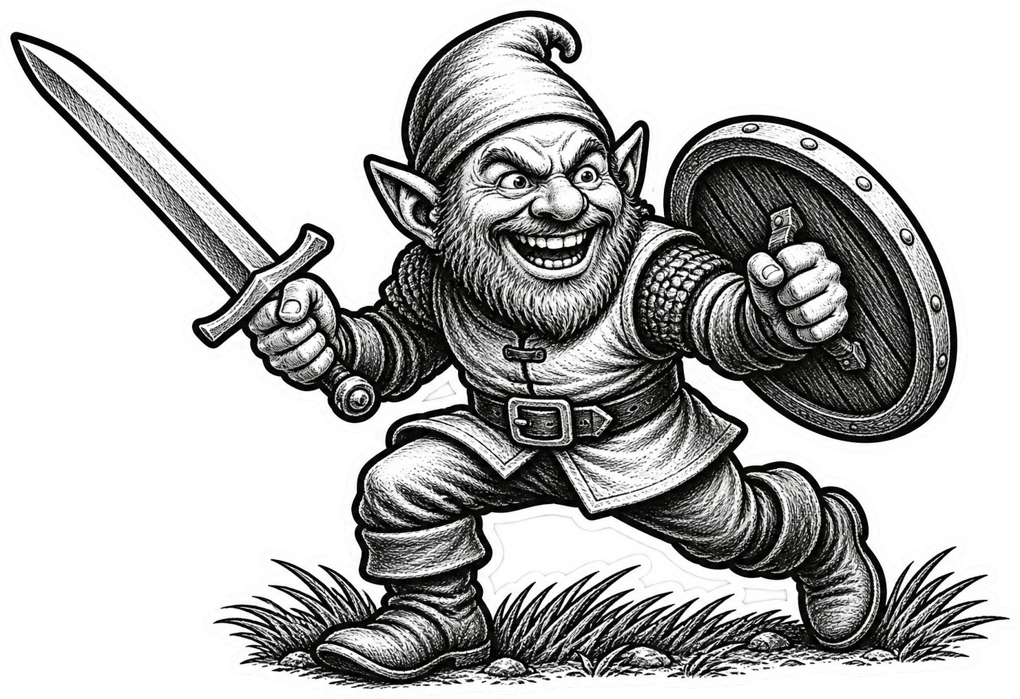 A delighted gnome charging with sword and shield