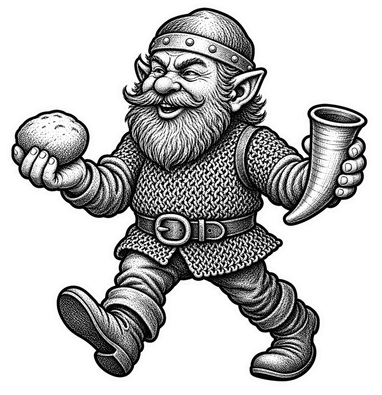 A delighted gnome mid-stride with a drinking horn and a loaf of bread