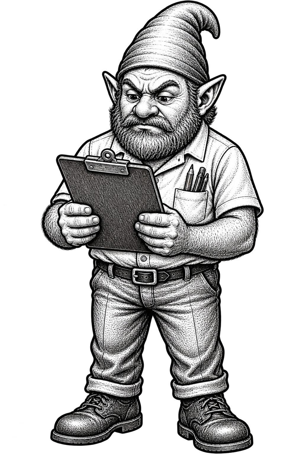 A gnome with a clipboard, working down a list