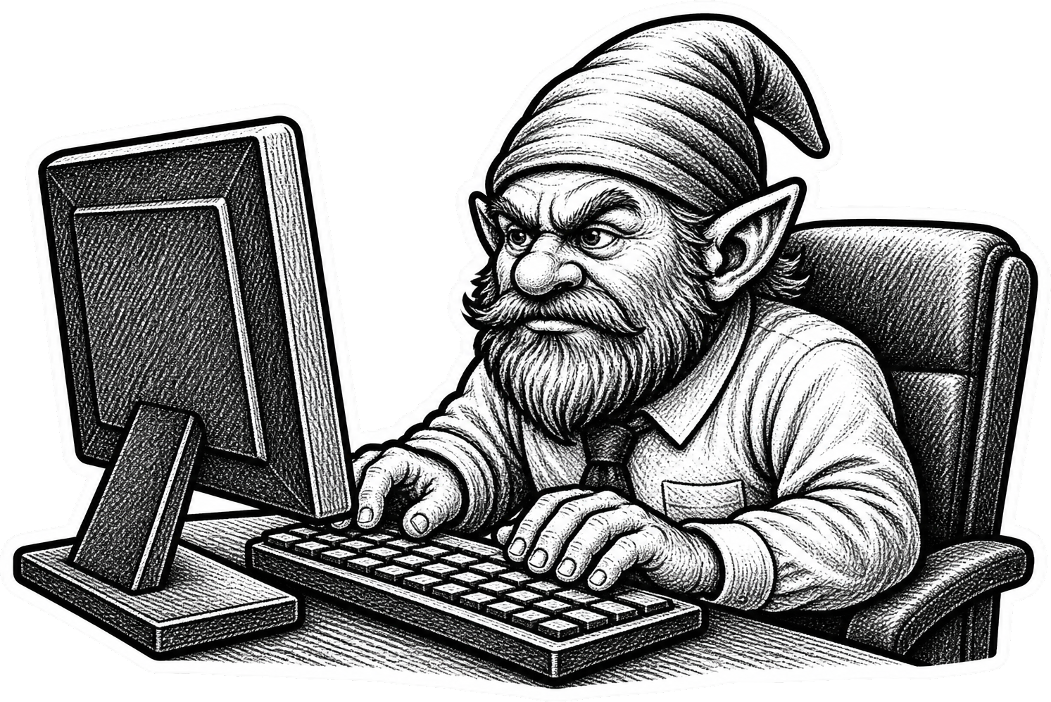 A gnome hunched at a keyboard, scowling at a monitor