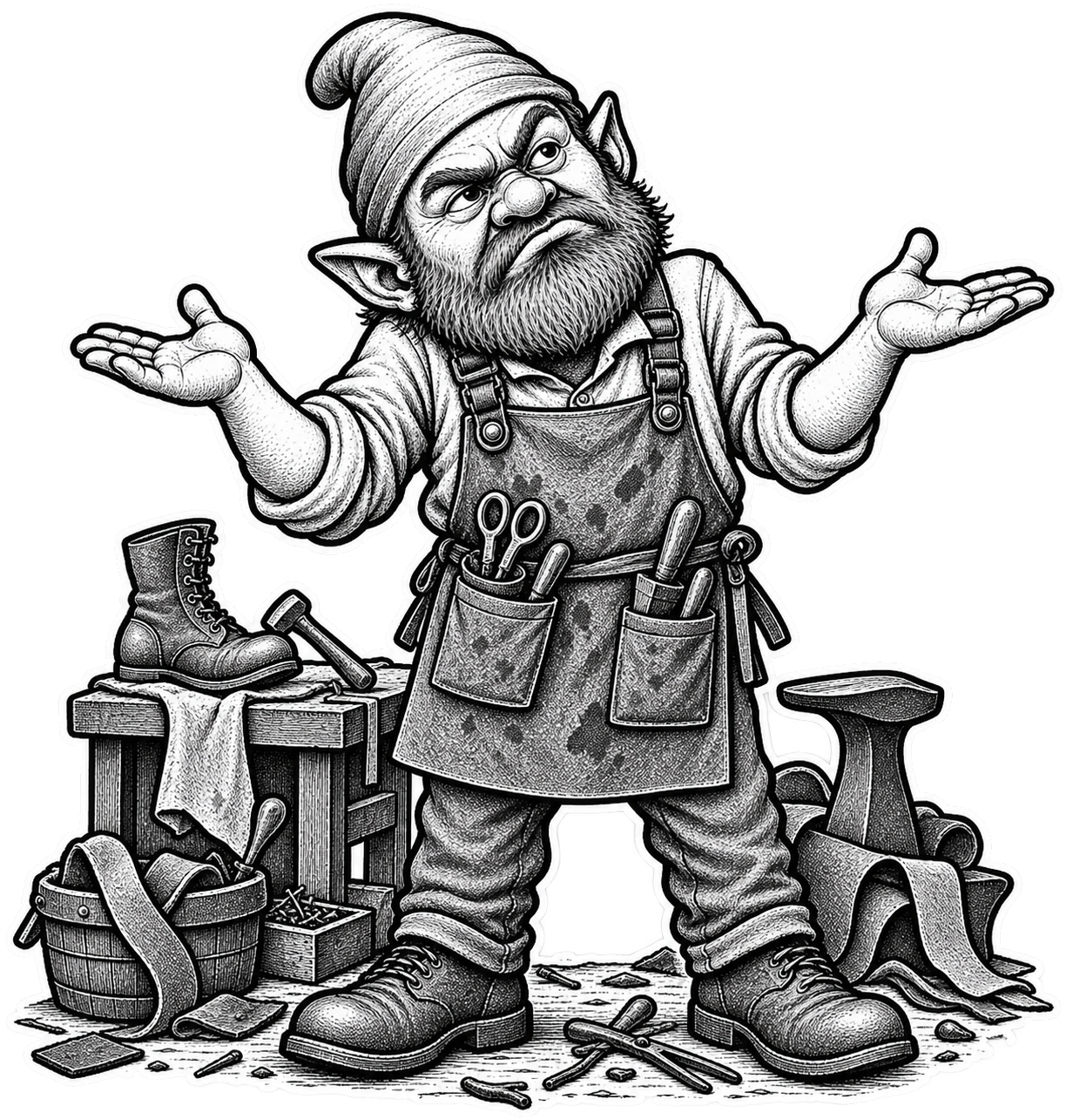 A cobbler shrugging, palms up, with no idea whose boot he is holding