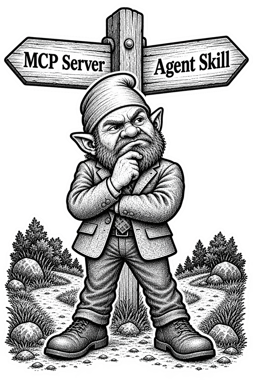 A goblin deciding at a signpost: MCP Server one way, Agent Skill the other