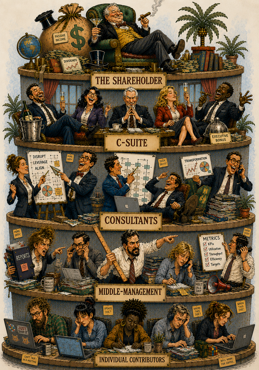 Pyramid of corporate system - shareholder, C-suite, consultants, middle management, individual contributors