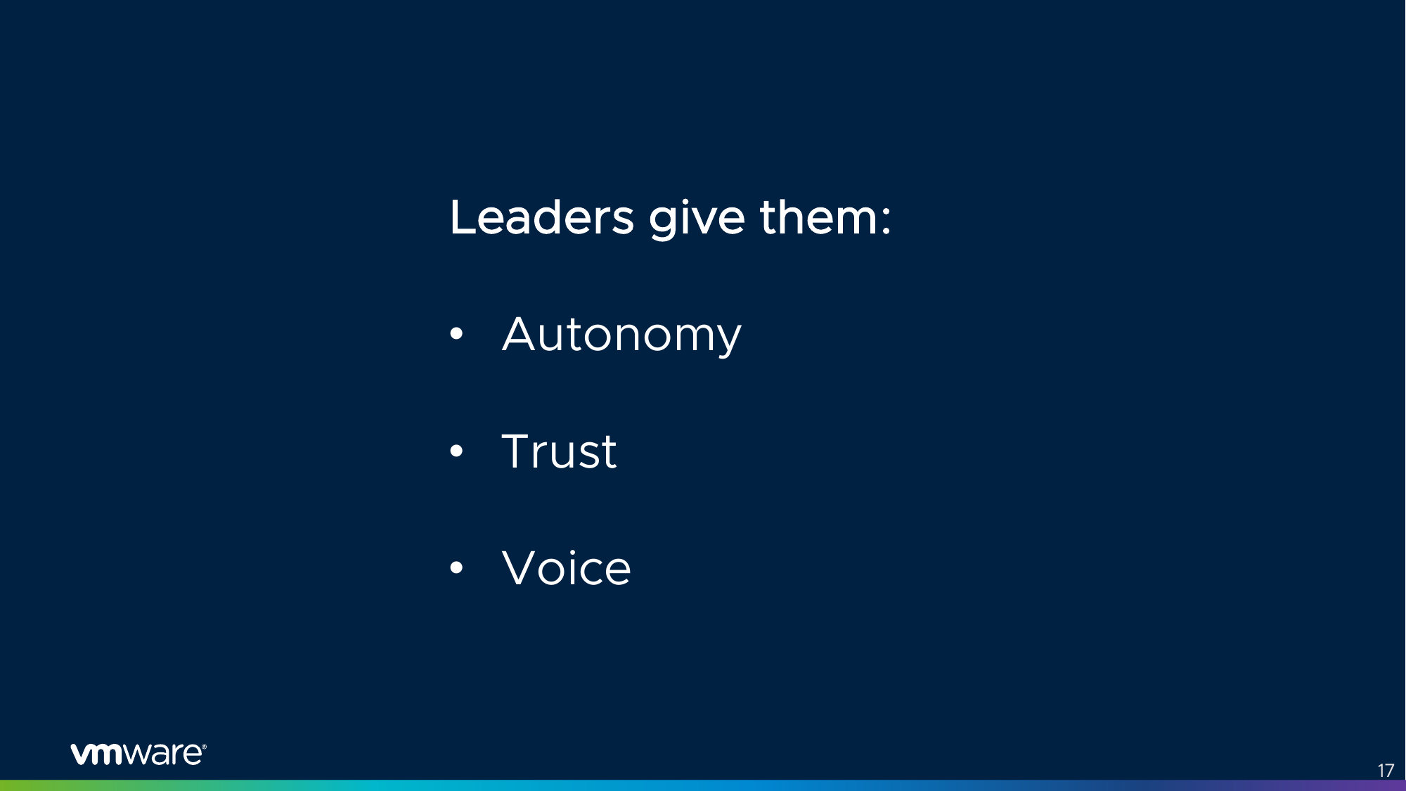 Slide reading: Leaders give them - Autonomy, Trust, Voice.