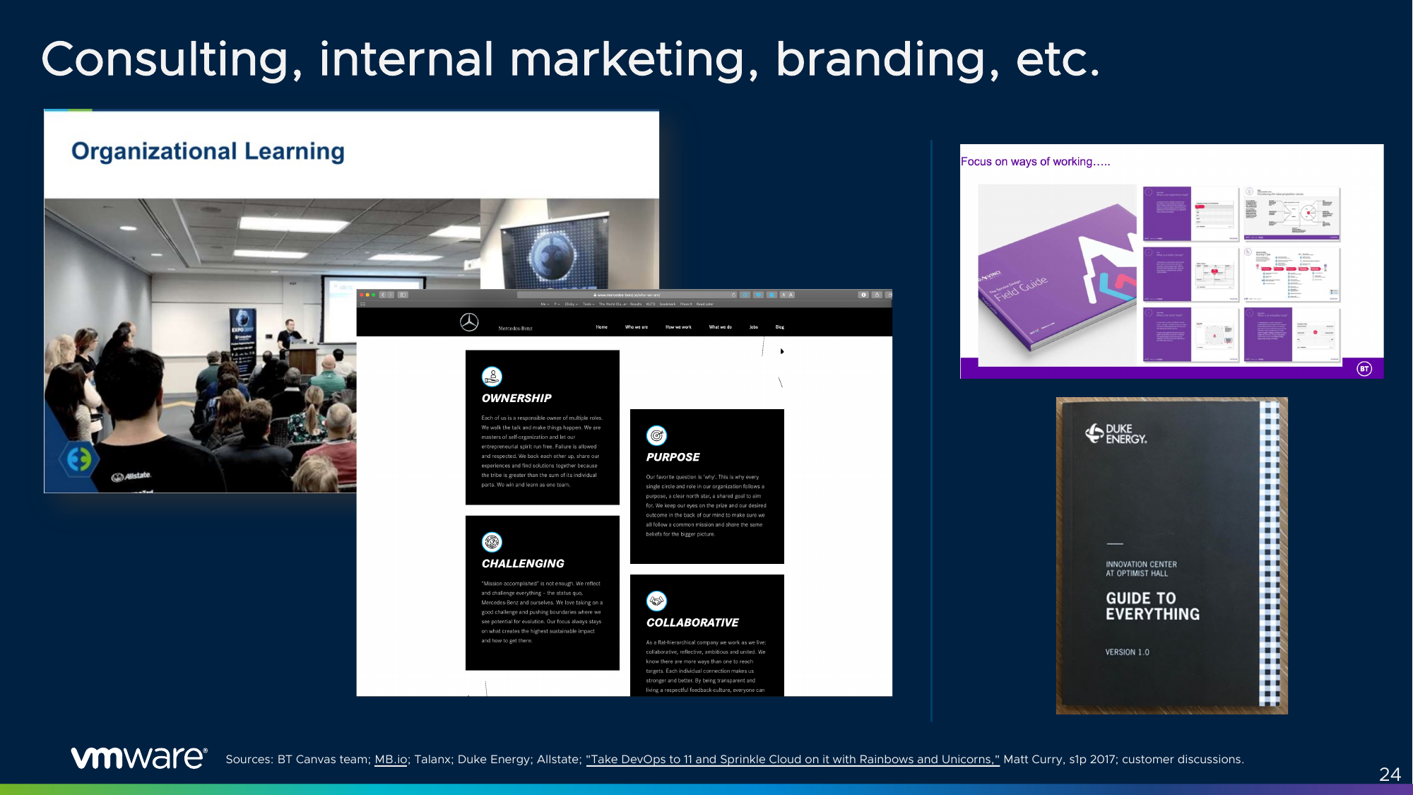 Grid of internal platform branding examples: an Allstate organizational learning session, the MB.io values page, the BT Canvas field guide, and Duke Energy's Guide to Everything.
