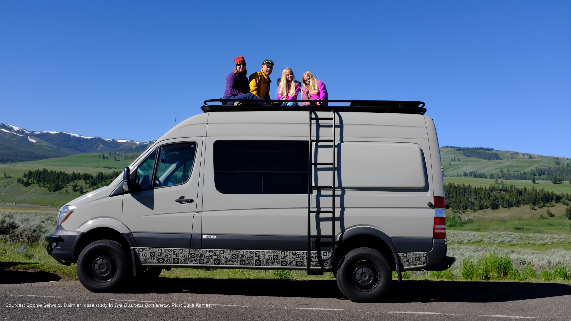 Photograph of a family sitting on the roof rack of a Sprinter camper van parked on a mountain road.