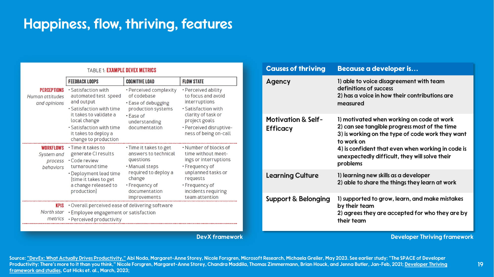 Two tables side by side: the DevEx framework's example metrics across feedback loops, cognitive load and flow state; and the Developer Thriving framework's four causes - agency, motivation and self-efficacy, learning culture, support and belonging.