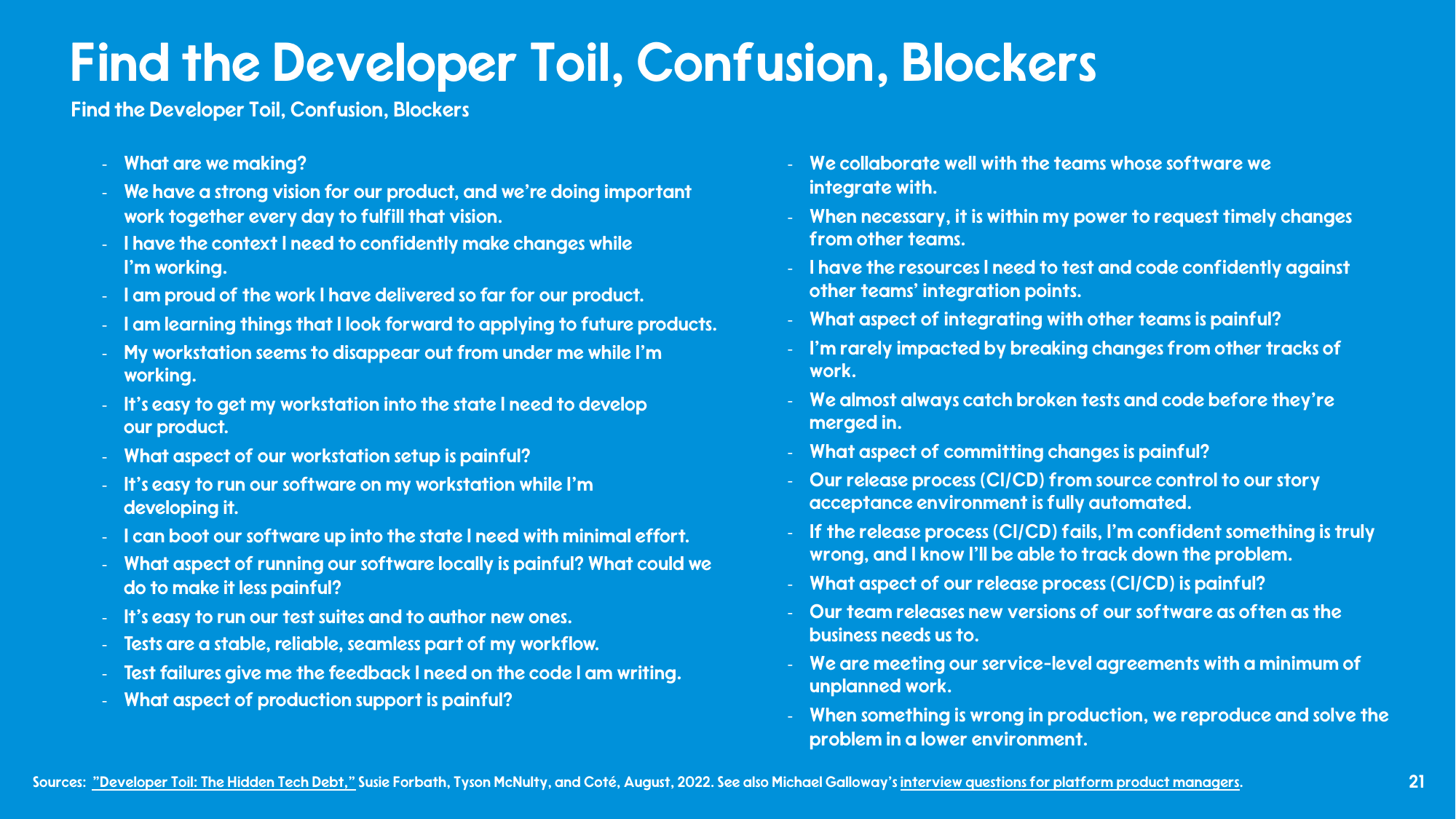 Two-column list of developer experience survey statements covering what we're making, workstation setup, running software locally, tests, integrating with other teams, committing changes, the release process, and production support.