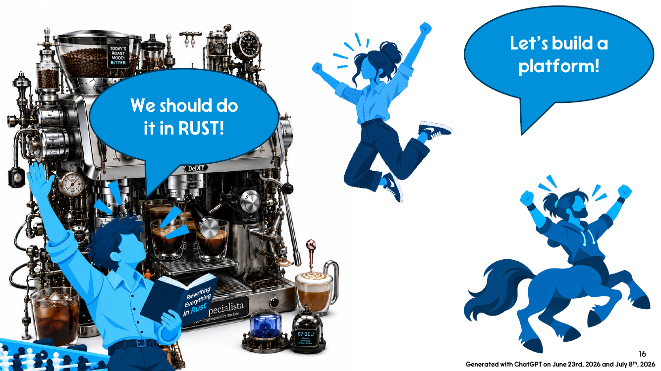 A sprawling, steampunk espresso machine covered in dials, with cartoon developers leaping beside it saying 'Let's build a platform!' and 'We should do it in RUST!'