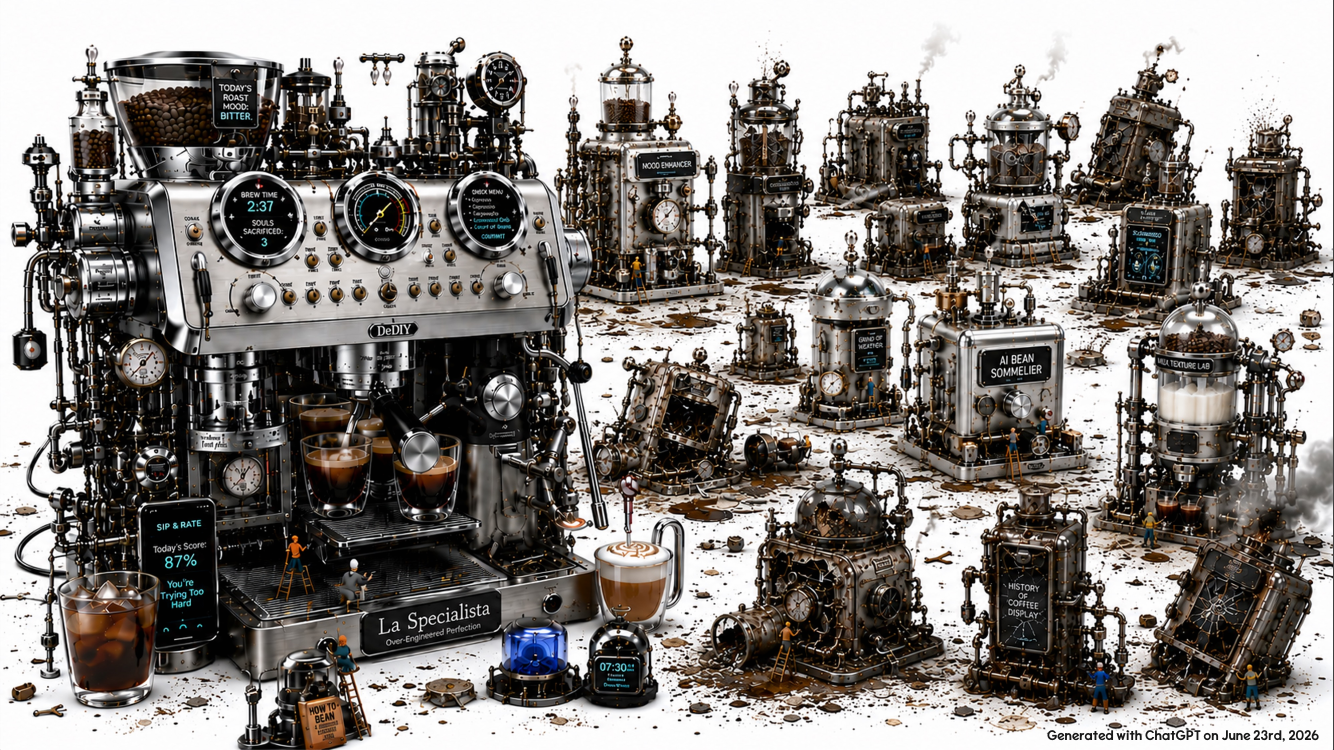 A vast field of rusting, steaming custom espresso machines stretching to the horizon.