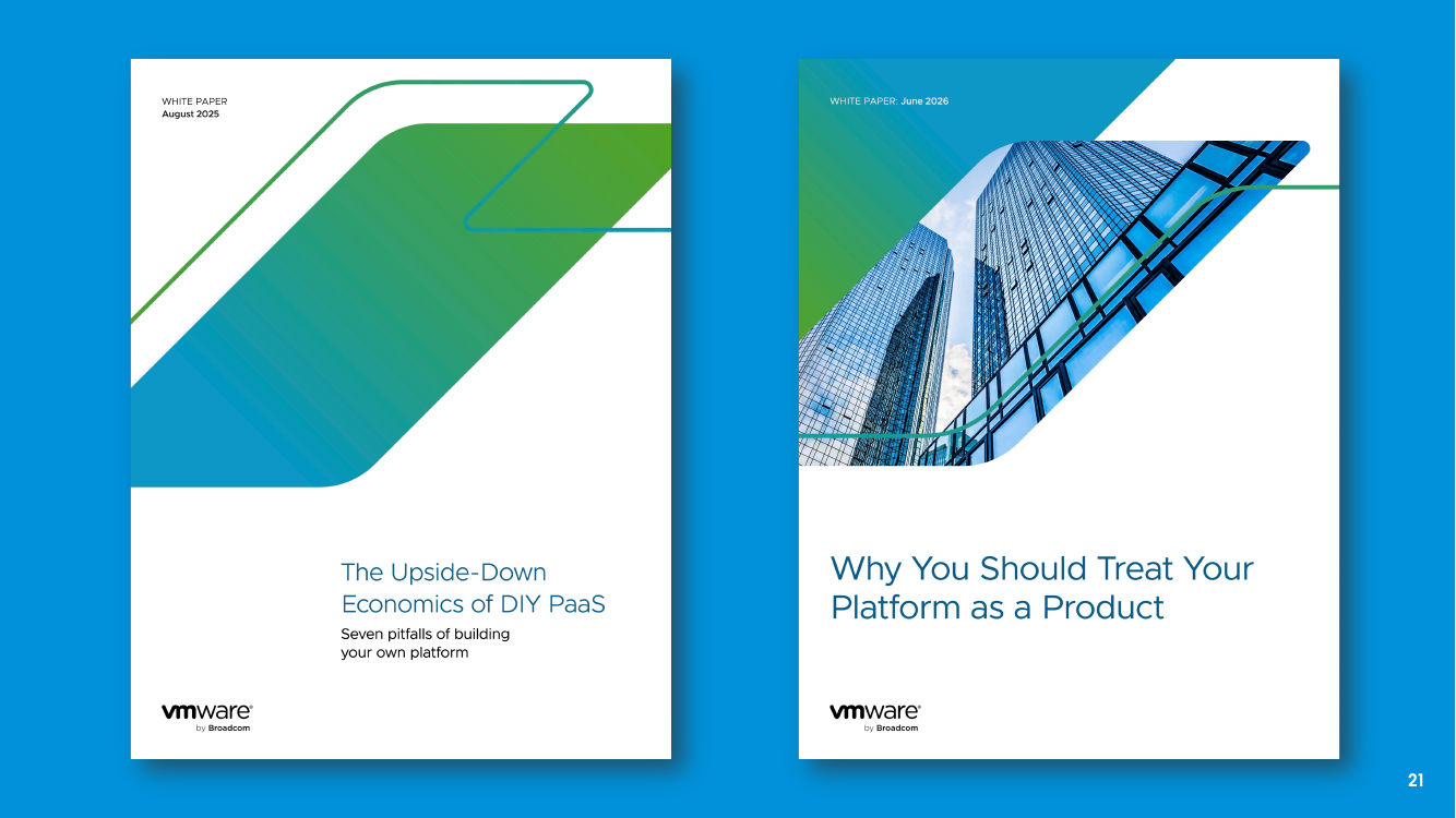 Covers of two VMware papers: The Upside-Down Economics of DIY PaaS, and Why You Should Treat Your Platform as a Product.