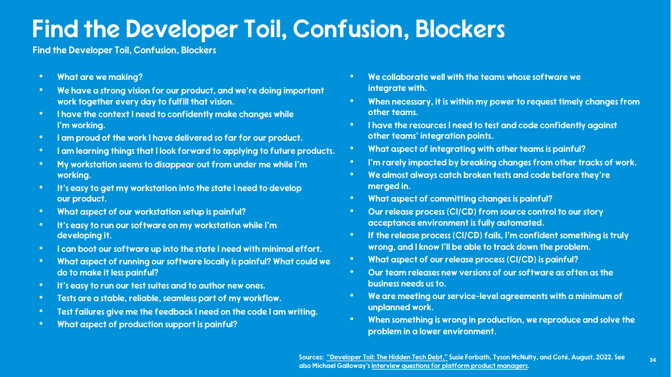 A slide titled 'Find the Developer Toil, Confusion, Blockers' with two columns of survey questions for developers, such as 'What are we making?' and 'How easy is it to get our work into production?'