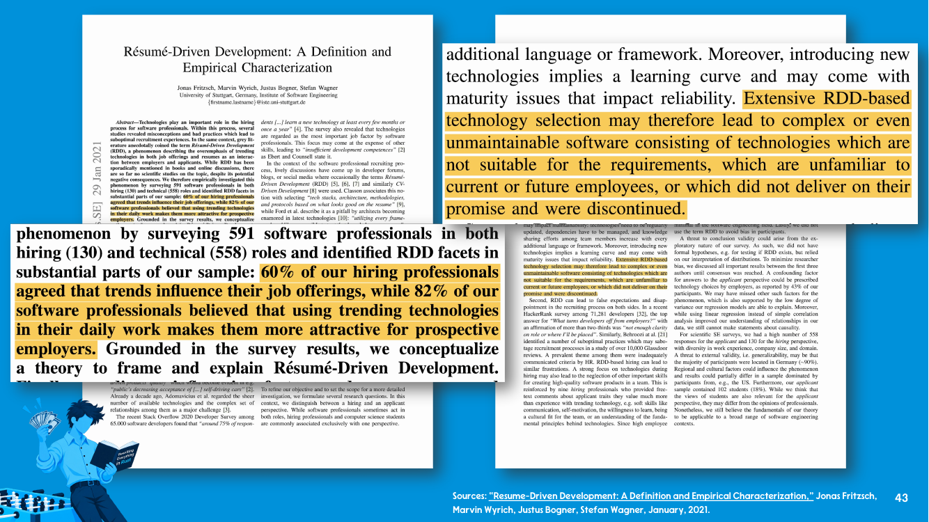 Pages from the research paper 'Resume-Driven Development: A Definition and Empirical Characterization,' with highlighted passages on hiring managers and technology trends.