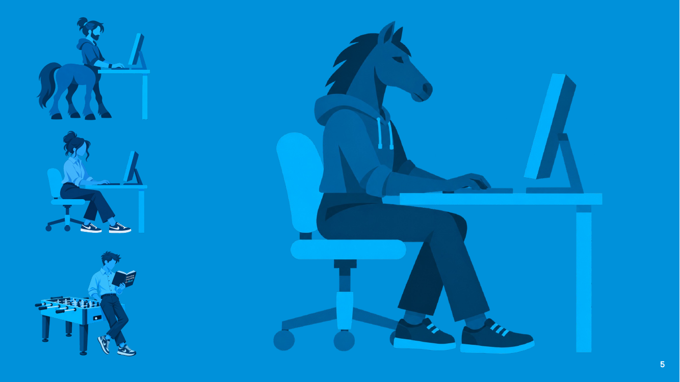 Three cartoon programmers on a blue background: a human at a laptop, a centaur at a desk, and a reverse centaur, a horse's head on a human body, at a computer.