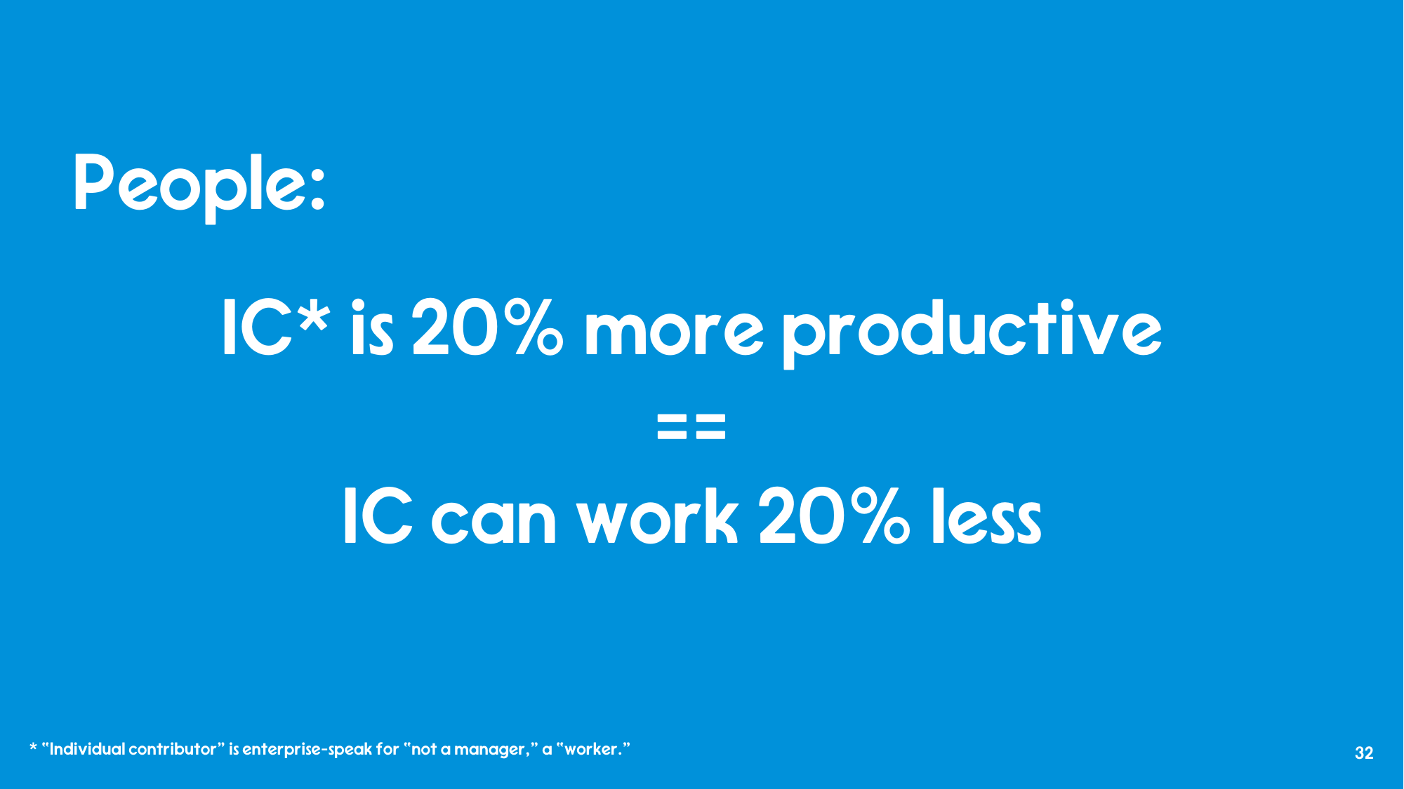 Slide reading: People - IC is 20% more productive equals IC can work 20% less. Footnote: Individual contributor is enterprise-speak for not a manager, a worker.