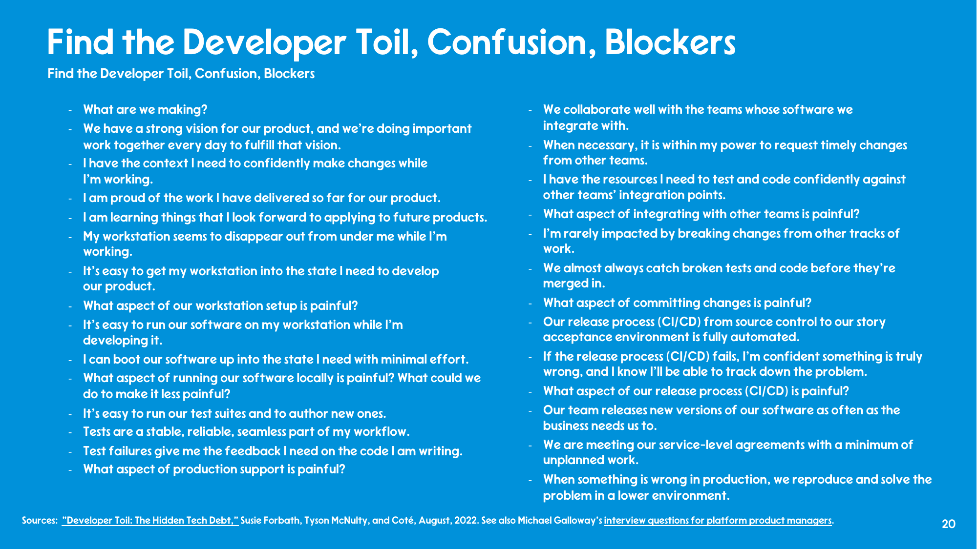 Two-column list of developer experience survey statements covering what we're making, workstation setup, running software locally, tests, integrating with other teams, committing changes, the release process, and production support.