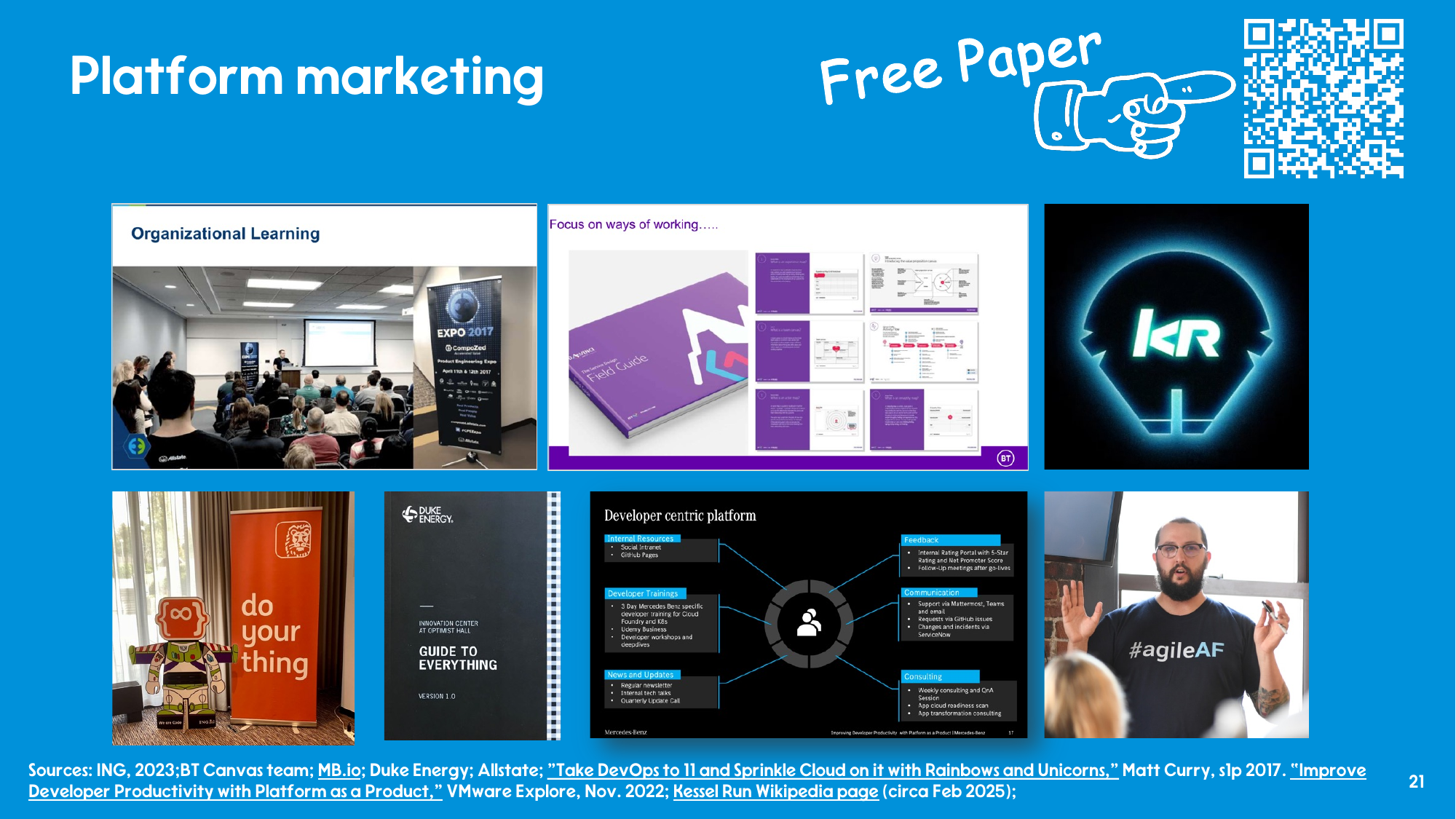Grid of photos from internal platform marketing efforts: a conference-style expo talk, a printed platform field guide, the Kessel Run logo, an ING branded stand, a Duke Energy guide to everything, a Mercedes-Benz developer-centric platform diagram, and a speaker in an #agileAF t-shirt.
