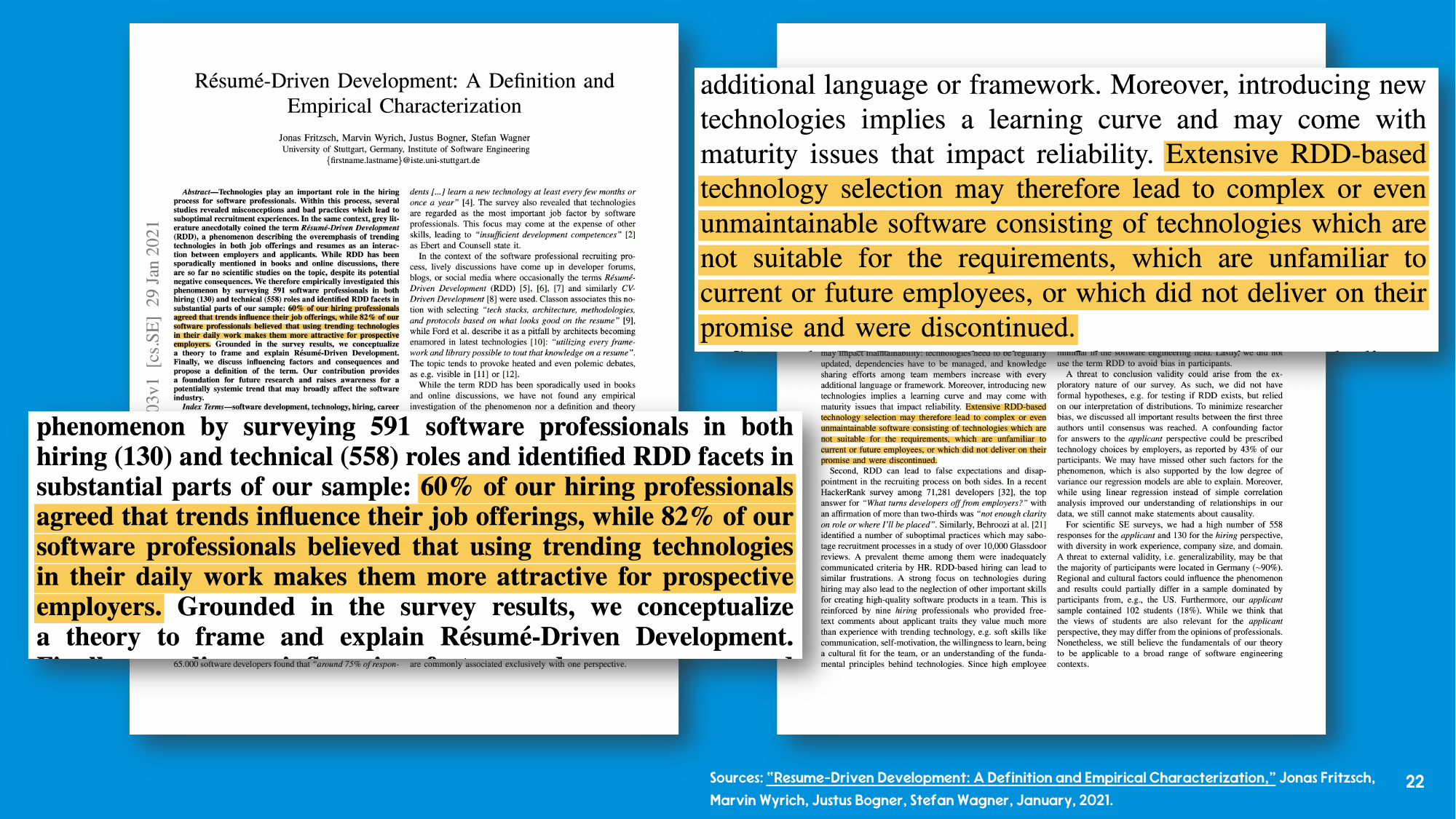Pages from the resume-driven development paper with highlighted findings: 60% of hiring professionals agreed trends influence their job offerings, 82% of software professionals believed using trending technologies makes them more attractive to employers, and extensive RDD-based technology selection may lead to complex or unmaintainable software.
