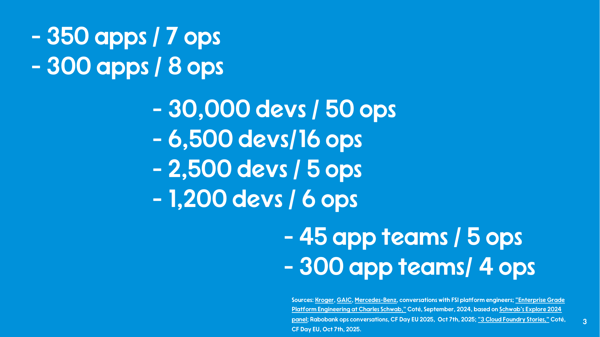 Ratio stats: 350 apps / 7 ops; 300 apps / 8 ops; 30,000 devs / 50 ops; 6,500 devs / 16 ops; 2,500 devs / 5 ops; 1,200 devs / 6 ops; 45 app teams / 5 ops; 300 app teams / 4 ops.