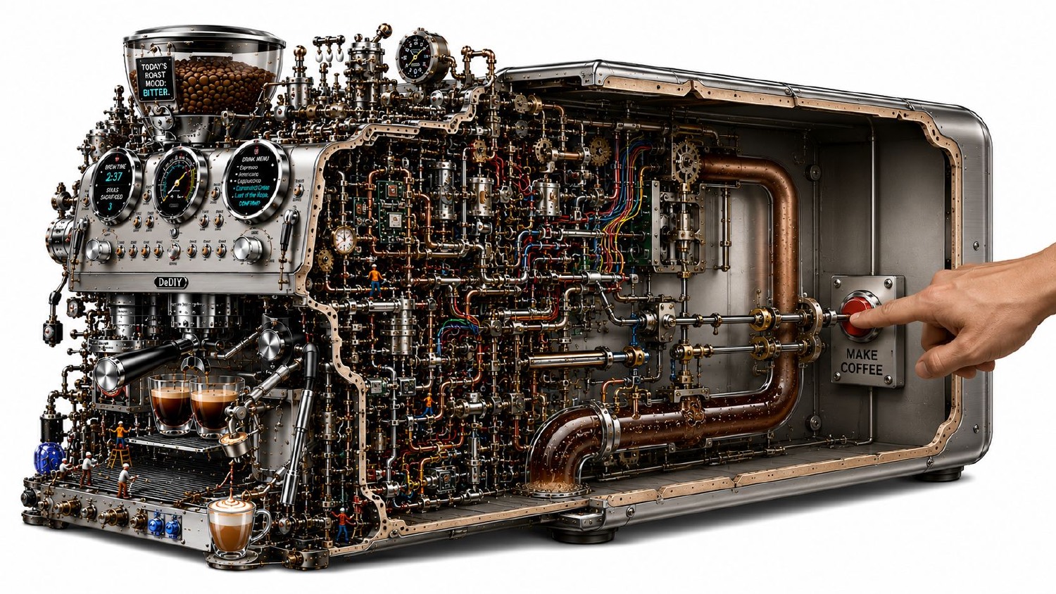 AI-generated image of an enormous espresso machine cut away to show a dense tangle of pipes and wiring inside, with a hand pressing a single large button labelled MAKE COFFEE on the outside.