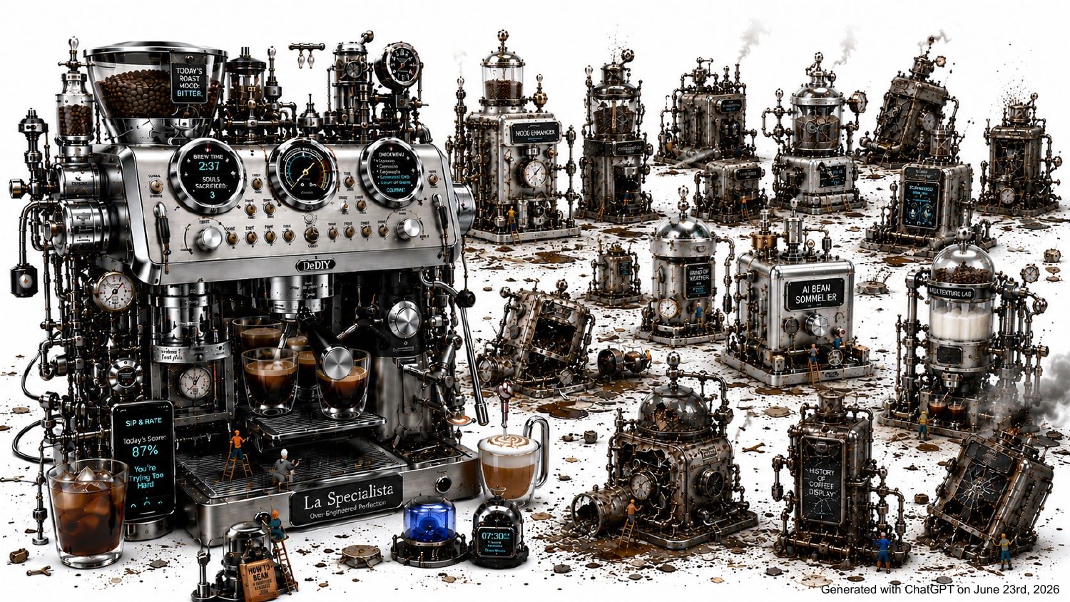 AI-generated image of one enormous over-engineered espresso machine surrounded by a field of smaller, smoldering, broken coffee contraptions.